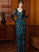 Blue Green 1920s Sequin Beads V-Neck Maxi Dress - vintage dress, retro fashion, Gatsby party