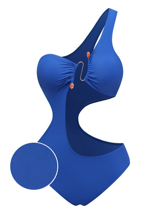 Blue one-shoulder cutout swimsuit front view displaying asymmetrical design perfect for beach vacation style
