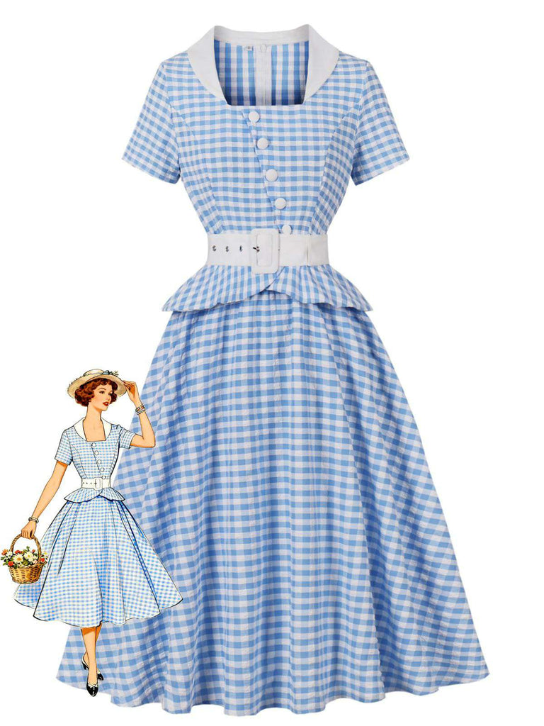 Blue-Plaid-Ruffle-Swing-Dress-Front-View