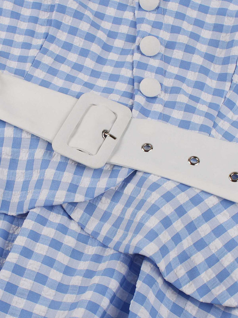 Blue 1950s Plaid Ruffle Swing Dress