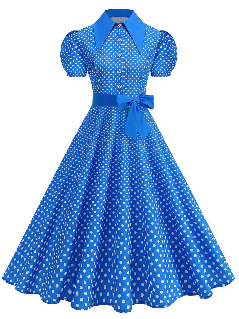 Vintage polka dot belted swing dress with shirt collar in classic 1950s retro style