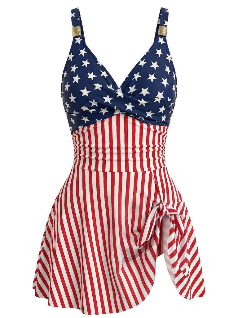 Blue Red 1940s Backless One Piece Swimsuit - vintage swimsuit, pin-up style, elegant red