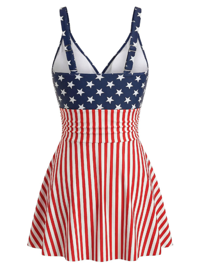 Blue Red 1940s Backless One Piece Swimsuit - vintage swimsuit, pin-up style, elegant red