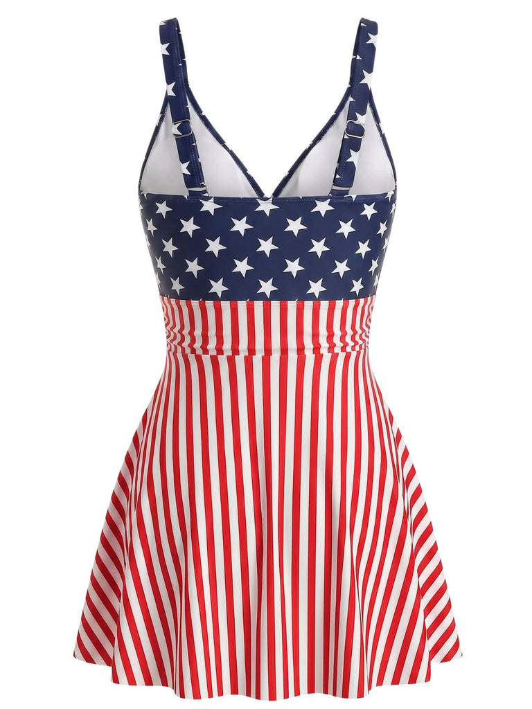 Blue & Red 1940s Striped Star One-Piece Swimsuit, vintage swimsuit, pin-up swimwear - perfect for women who love vintage and retro fashion