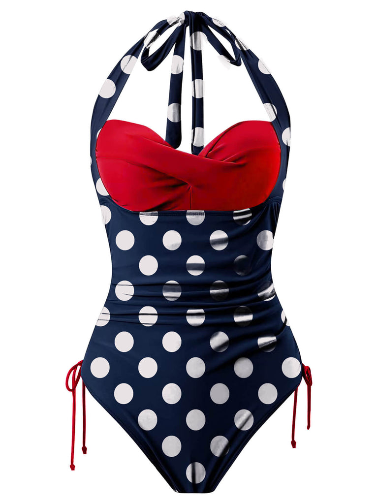 Blue & Red 1950s Polka Dots Halter Swimsuit, vintage swimsuit, pin-up swimwear - perfect for women who love vintage and retro fashion
