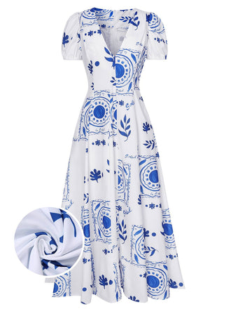Blue & White 1930s Plants Puff Deep V-Neck Dress, vintage dress, retro fashion - perfect for women who love vintage and retro fashion