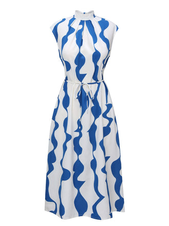 Blue & White 1940s Curves Stand Collar Belt Dress, vintage dress, retro fashion - perfect for women who love vintage and retro fashion