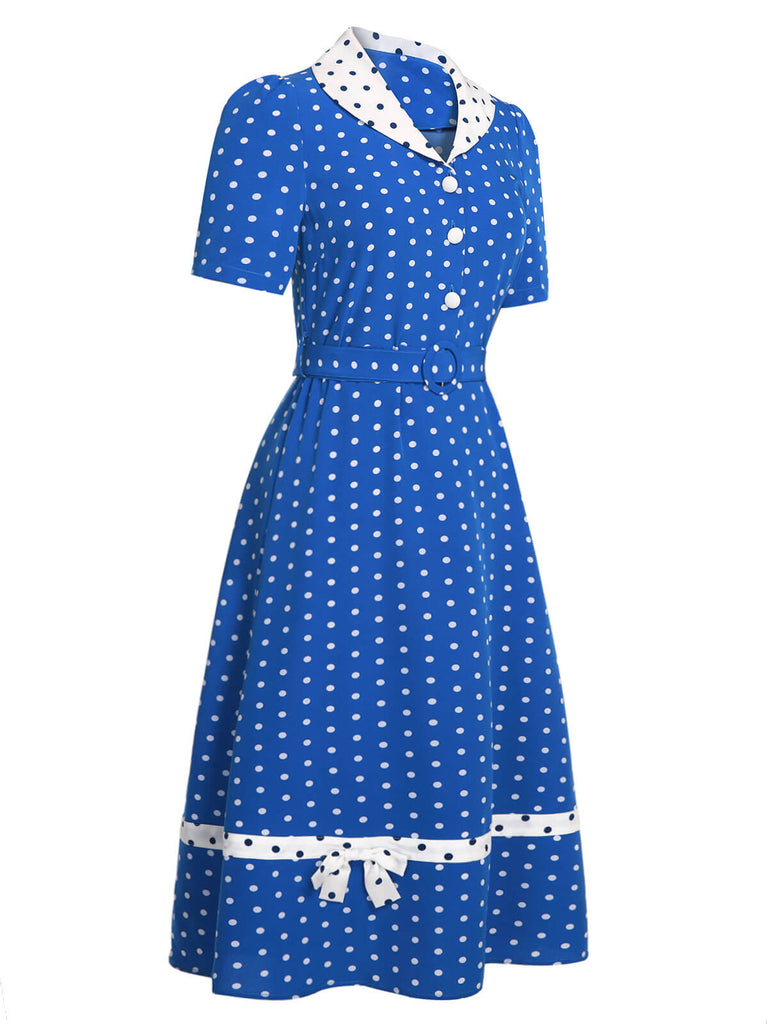 Vintage Polka Dot Lapel Dress Blue & White