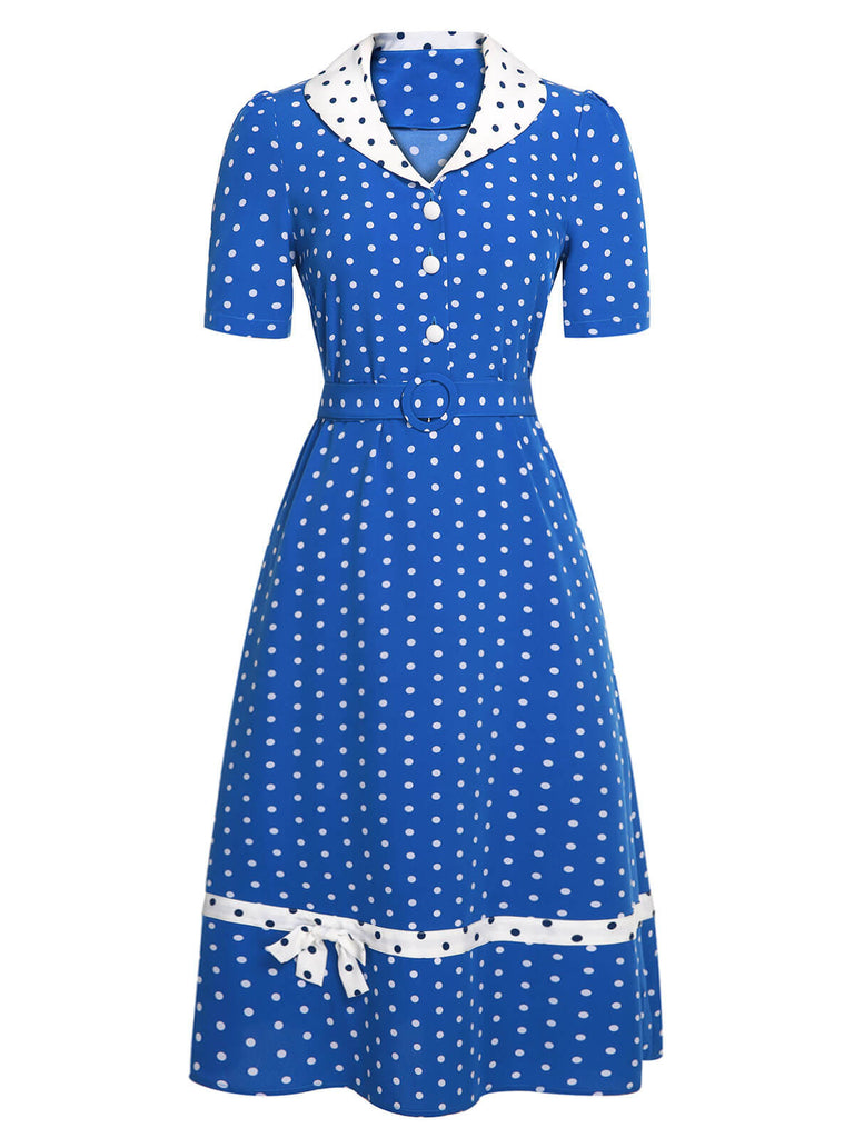 Blue & White 1940s Polka Dot Lapel Dress | Retro Stage Blue & White 1940s Polka Dot Lapel Dress | Retro Stage