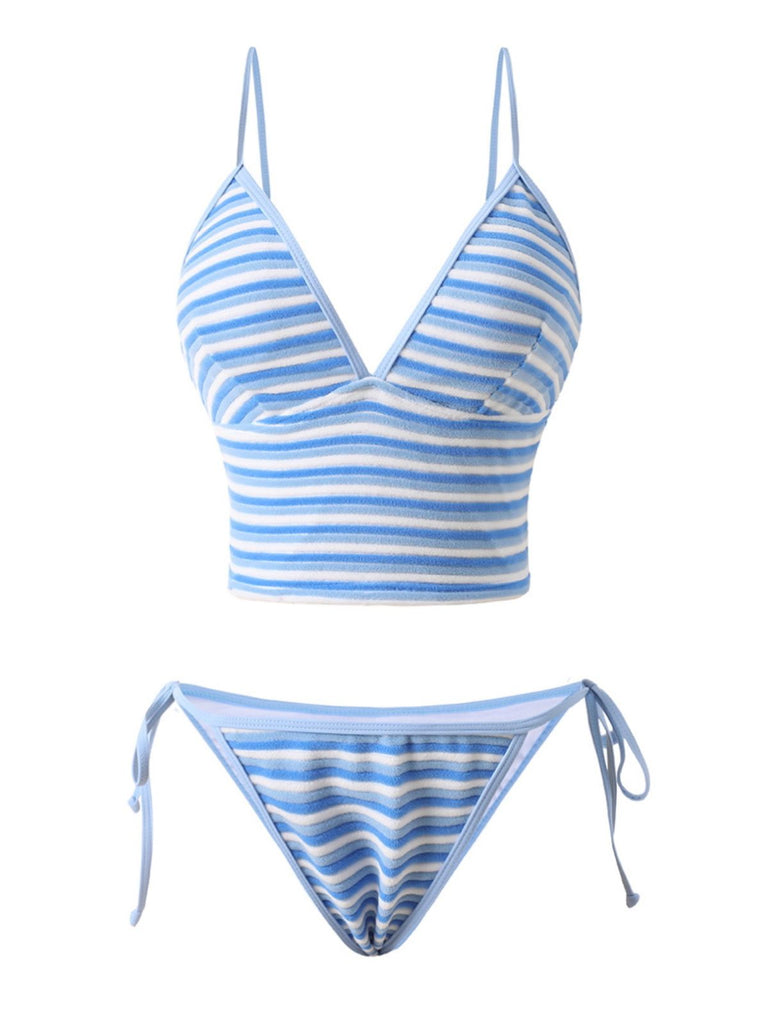 Blue & White 1940s Striped Side Tie Tankini Set - vintage fashion, retro style, pure white