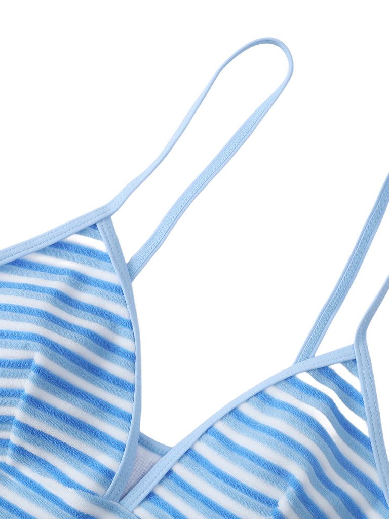 Blue & White 1940s Striped Side Tie Tankini Set - vintage fashion, retro style, pure white