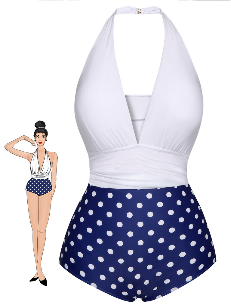 Blue & White 1950s Polka Dots Halter Swimsuit, vintage swimsuit, pin-up swimwear - perfect for women who love vintage and retro fashion
