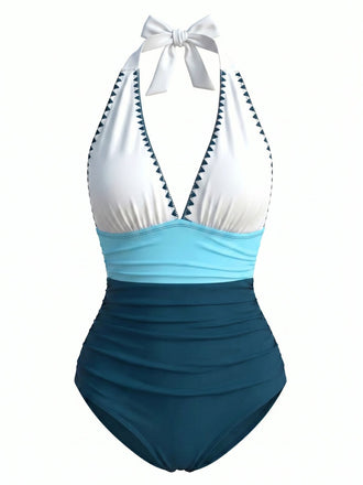 Blue & White 1950s Zigzag Embroidered V-Neck Swimsuit, vintage swimsuit, pin-up swimwear, retro beach style, women, elegant