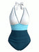 Blue & White 1950s Zigzag Embroidered V-Neck Swimsuit, vintage swimsuit, pin-up swimwear, retro beach style, women, elegant