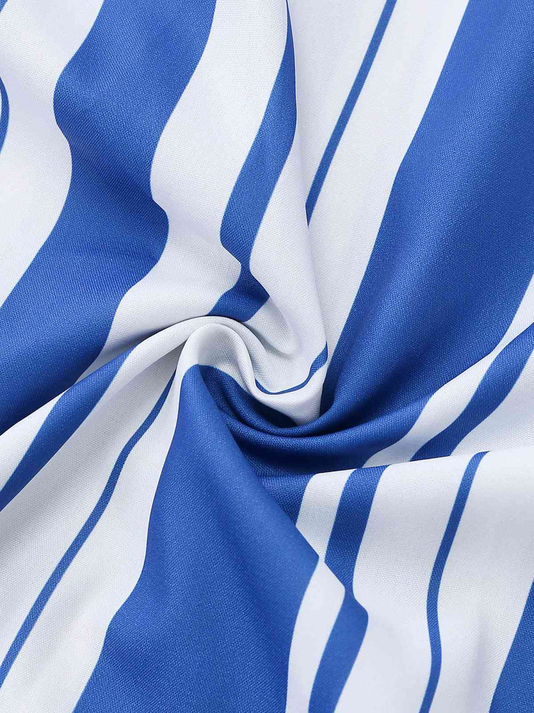 Blue & White 1950s Stripe Spaghetti Strap Midi Dress
