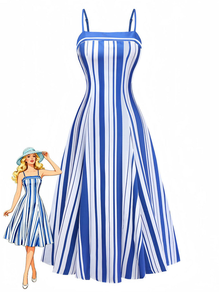 Blue & White 1950s Stripe Spaghetti Strap Midi Dress