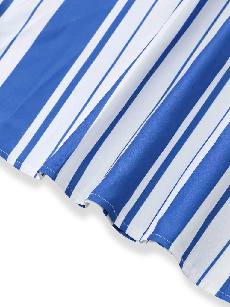 Blue & White 1950s Stripe Spaghetti Strap Midi Dress