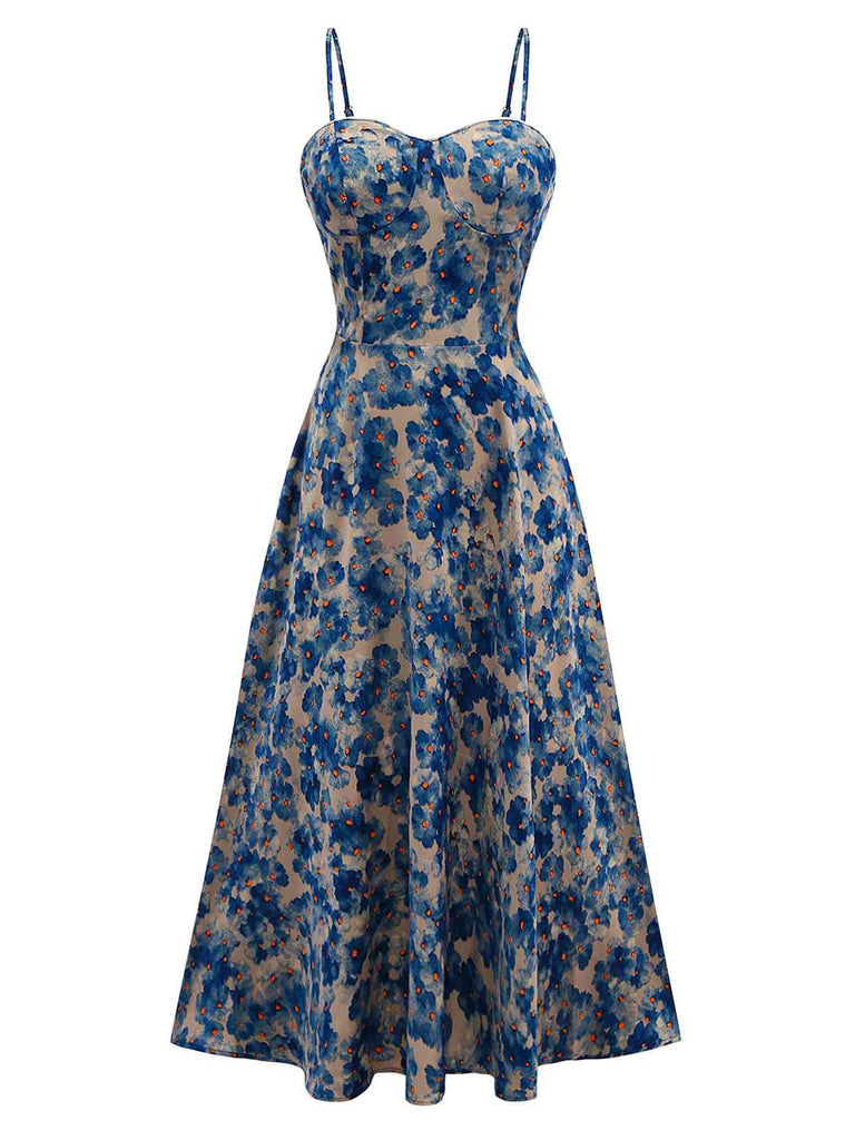 Blue 1950s Floral Print Spaghetti Strap Dress