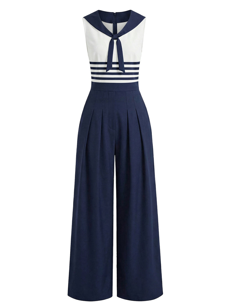 Navy and white jumpsuit with a striped top on a white background