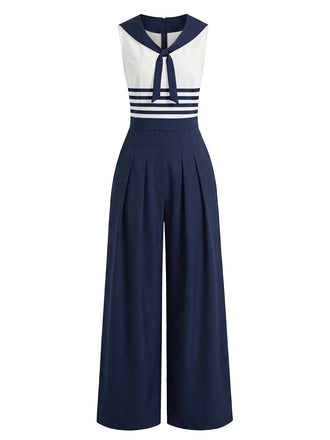 Navy and white jumpsuit with a striped top on a white background