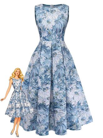 Blue floral dress with a Barbie doll wearing it on a white background
