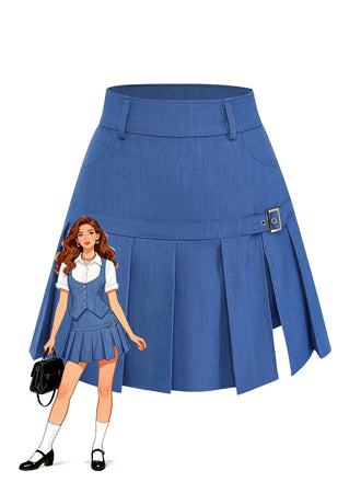 Blue pleated skirt with a cartoon character wearing it on a white background