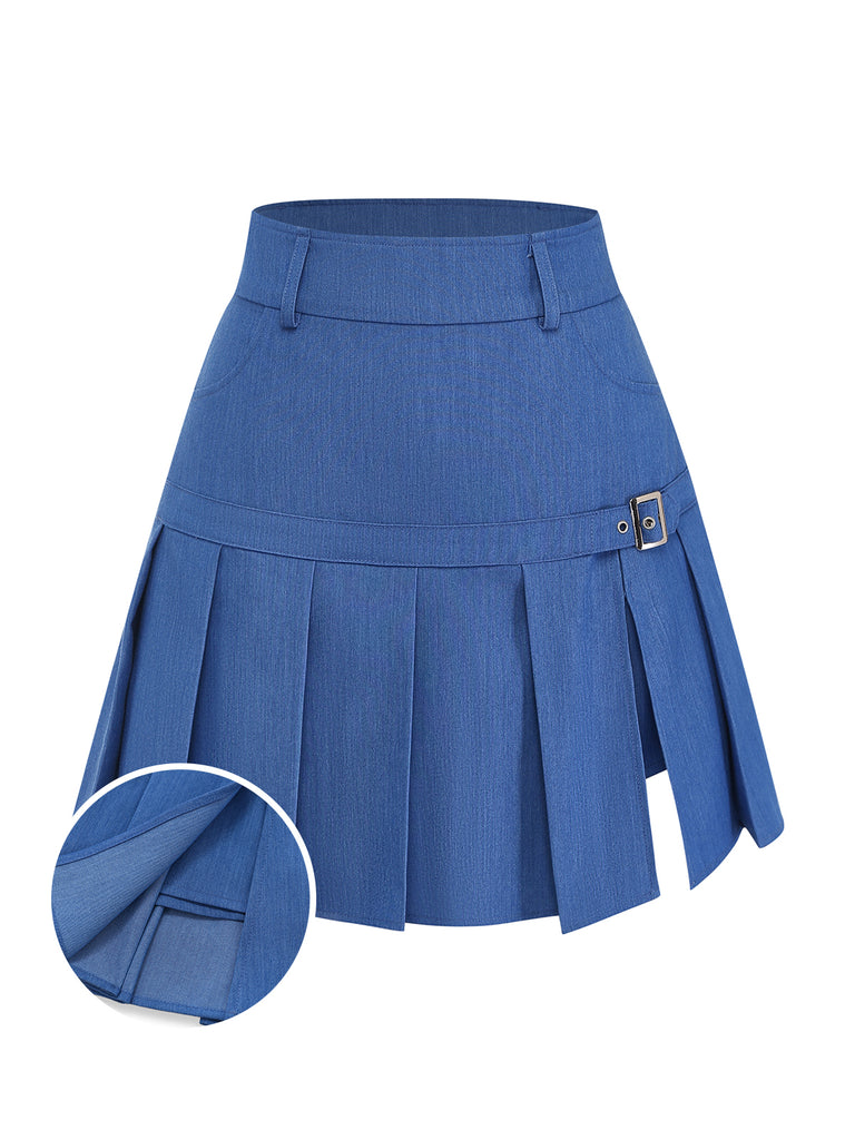 Blue pleated skirt with a close-up of the pleats on a white background