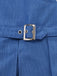 Close-up of a blue denim jacket with a silver buckle.