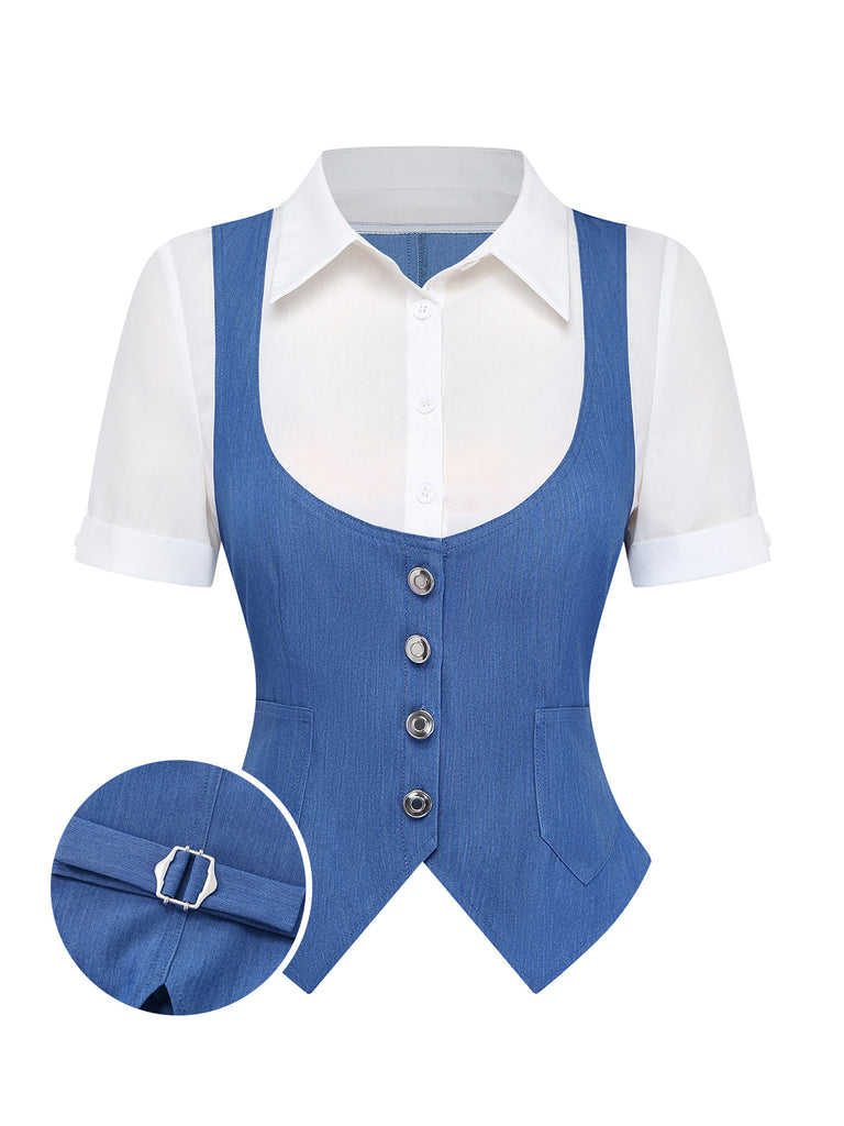 Blue vest over a white shirt with a close-up of the waistband on a white background