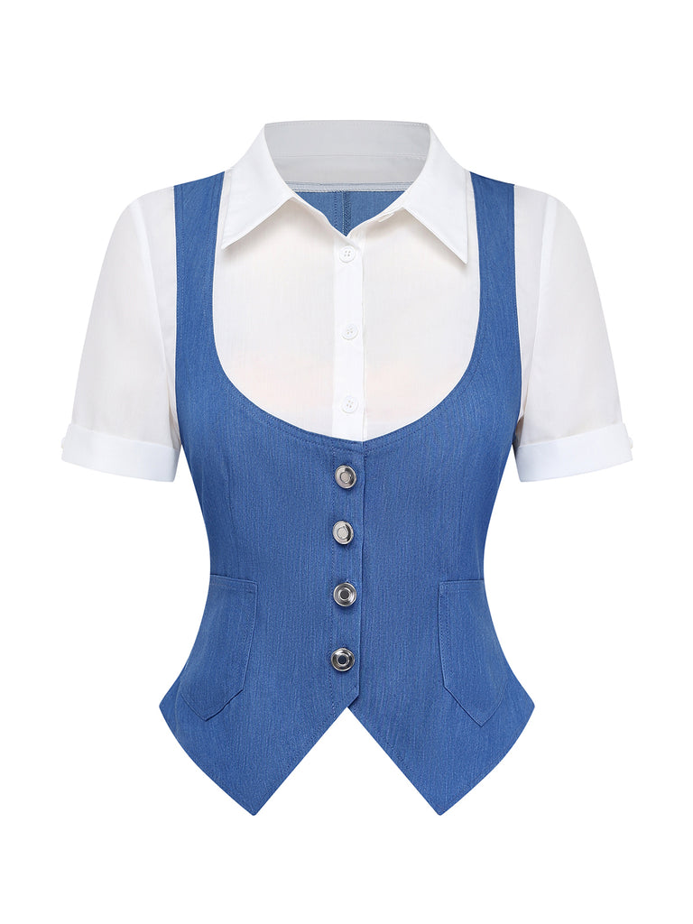 Blue vest over a white shirt on a white background