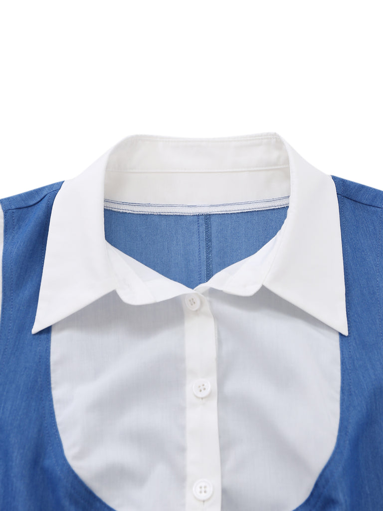 Blue shirt with white collar and buttons on a white background