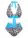 Leopard print bikini with blue accents on a white background