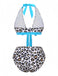 Leopard print bikini with blue accents on a white background