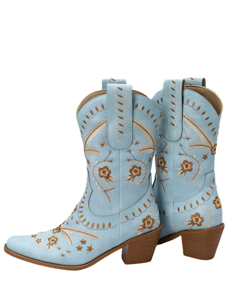 Light blue cowboy boots with brown embroidery on a white background