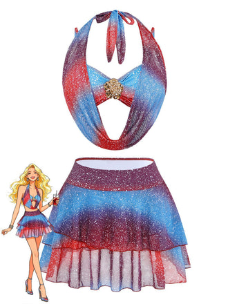Front: Blue & Red 1950s Gradient Glitter Halter Skirt Swimsuit Set, timeless beauty, perfect for vintage fashion lovers