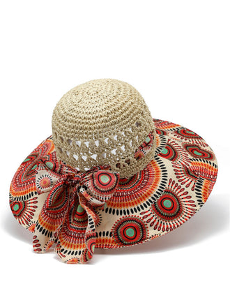 Bohemian Mandala Print Crochet Straw Bow Sun Hat - vintage fashion, retro style