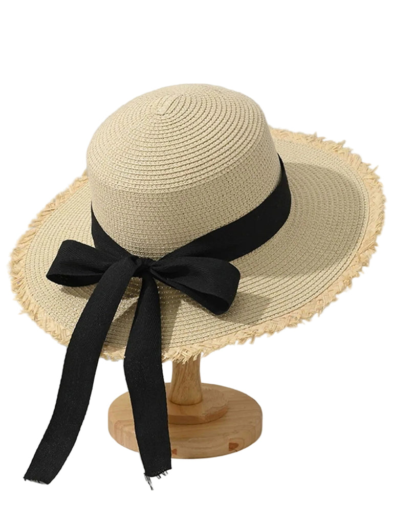 Bow Flat-Top Straw Wide-Brim Sun Hat - vintage fashion, retro style