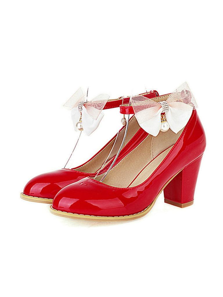 Bow Patent Leather Mary Jane Chunky Heels - vintage shoes, retro heels
