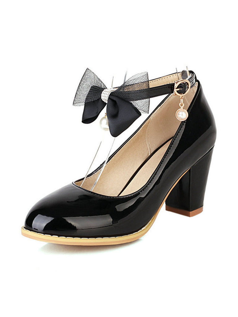 Bow Patent Leather Mary Jane Chunky Heels - vintage shoes, retro heels
