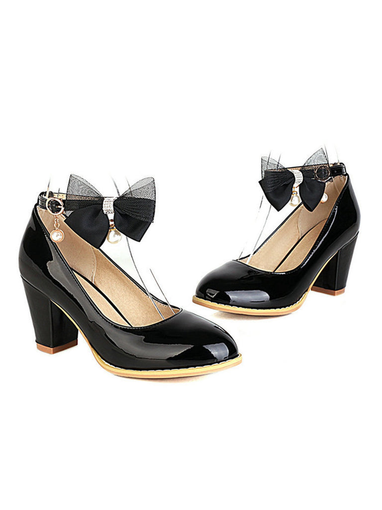 Bow Patent Leather Mary Jane Chunky Heels - vintage shoes, retro heels