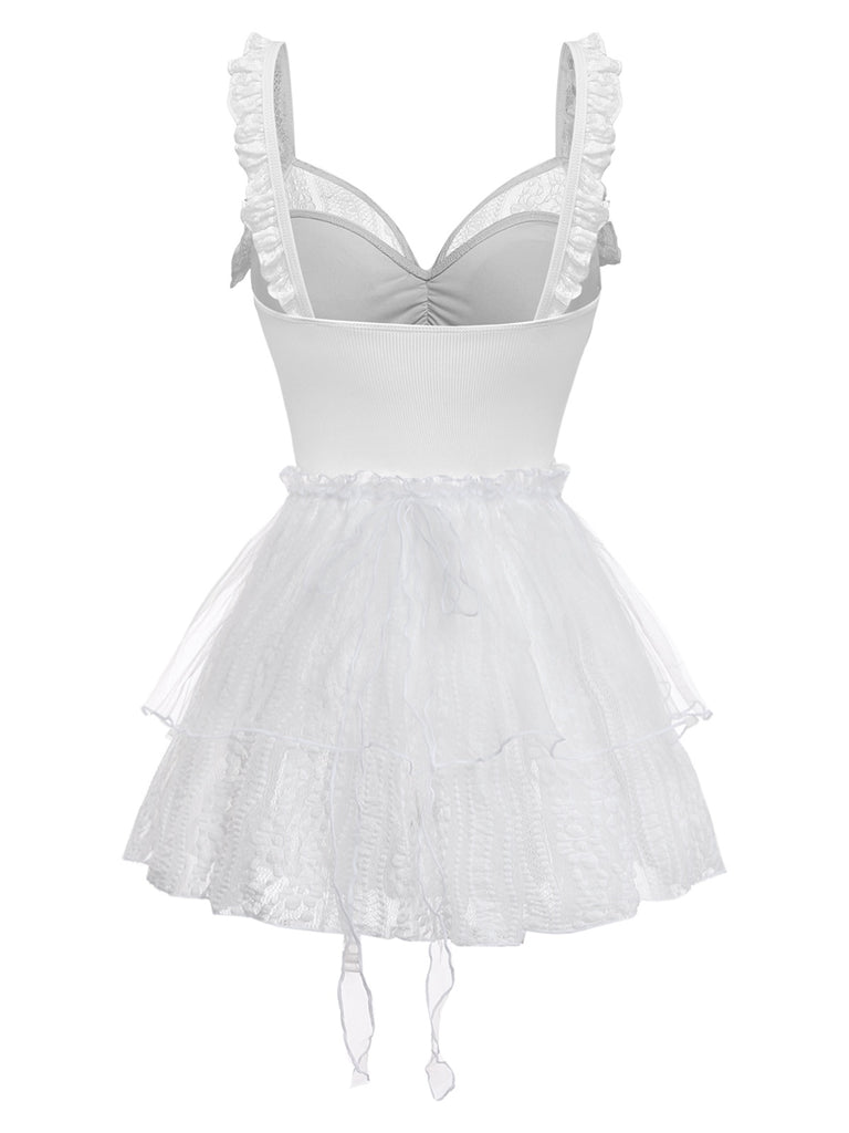 [Pre-Sale] 2PCS White 1950s Lace Ruffled Bow Swimsuit & Cover-Up