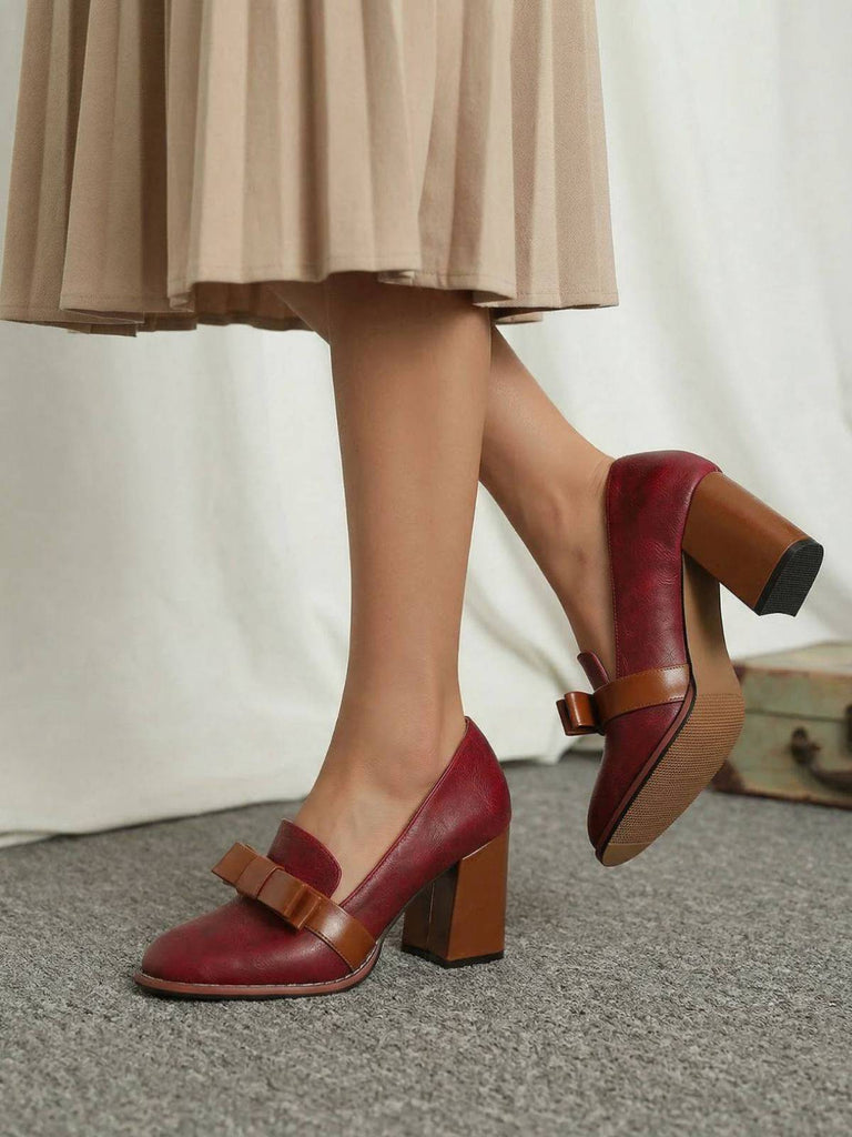 Bowknot Square-Toe Slip On Chunky Heels - vintage shoes, retro heels
