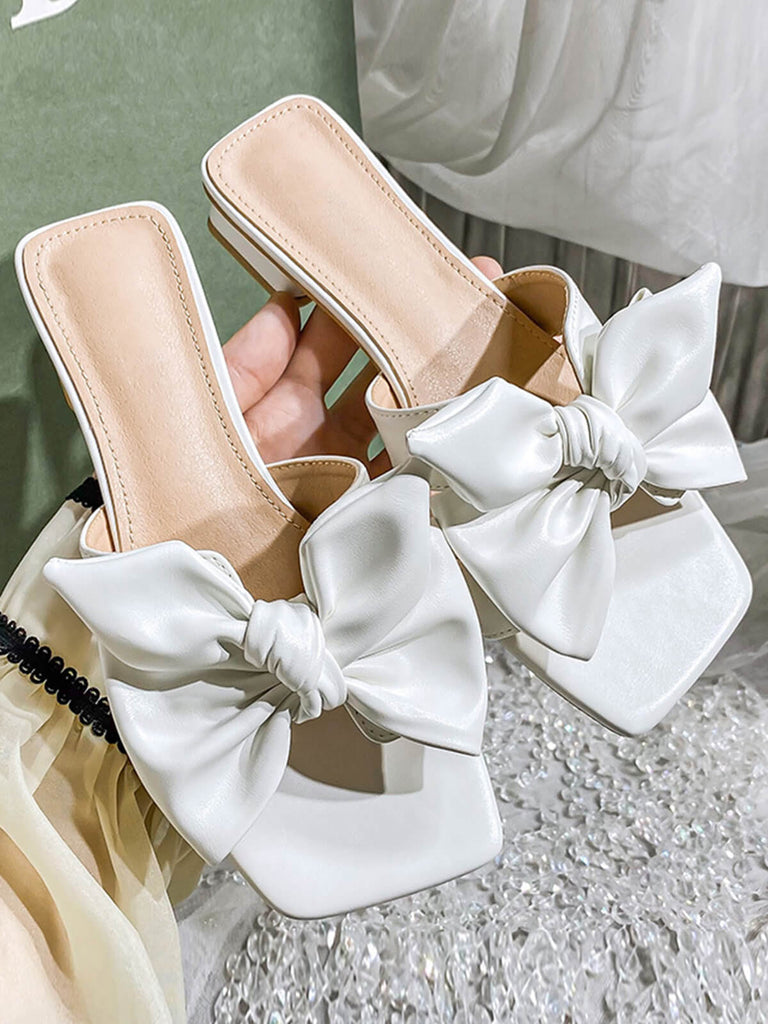Bowknot Wedge Low Heeled PU Leather Slippers — vintage style that transcends decades