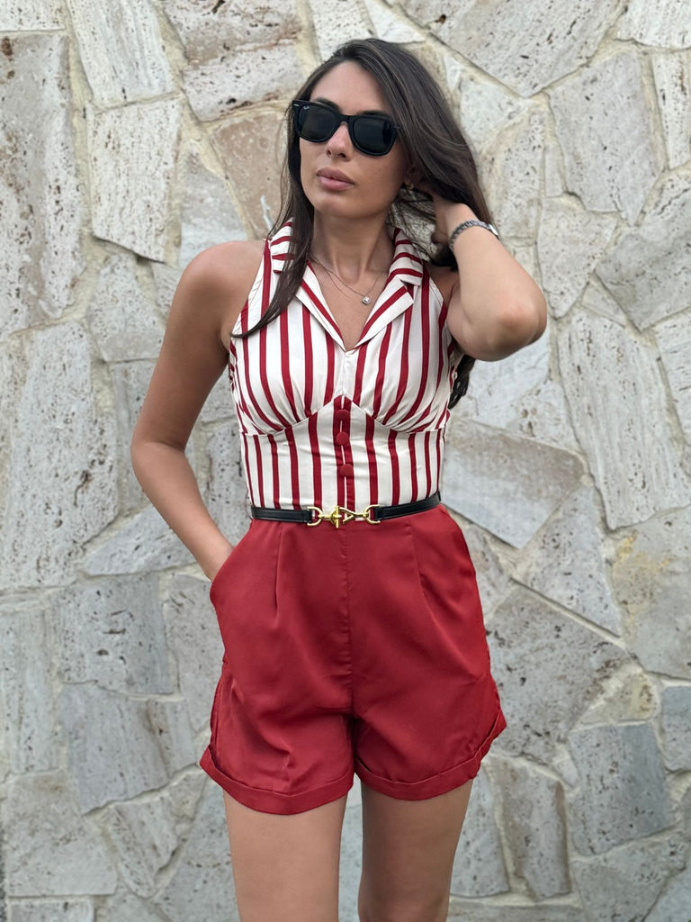 She finds her 1940s story in this Brick Red 1940s Striped Lapel Romper