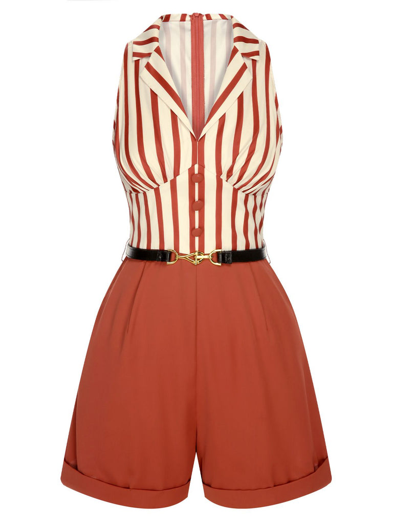 Brick Red 1940s Striped Lapel Romper, vintage romper, retro jumpsuit - perfect for women who love vintage and retro fashion