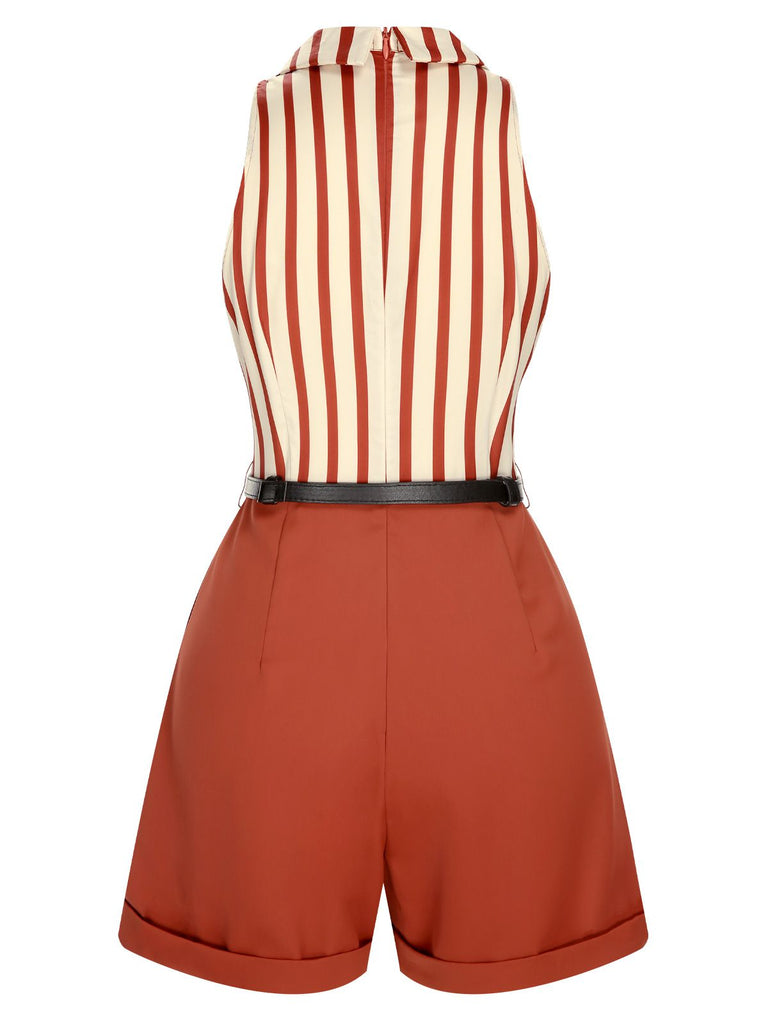 Brick Red 1940s Striped Lapel Romper, vintage romper, retro jumpsuit - perfect for women who love vintage and retro fashion