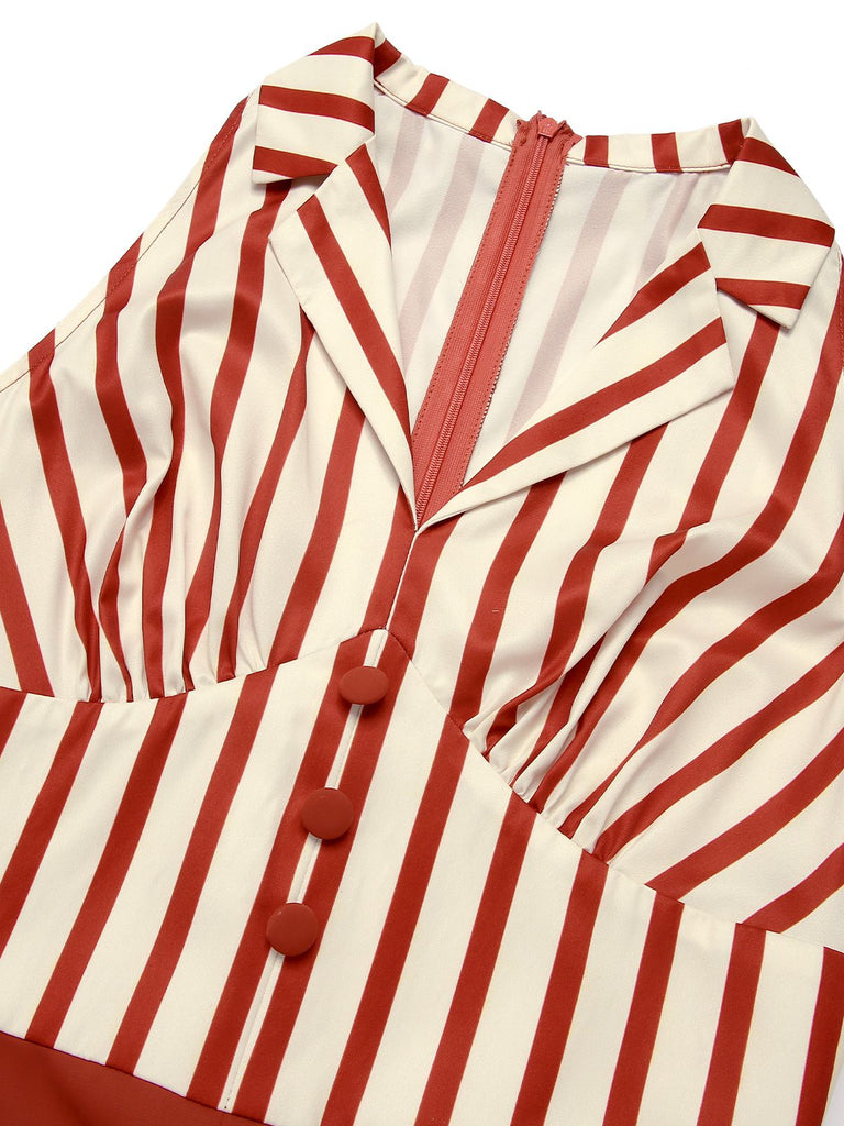 Brick Red 1940s Striped Lapel Romper, vintage romper, retro jumpsuit - perfect for women who love vintage and retro fashion