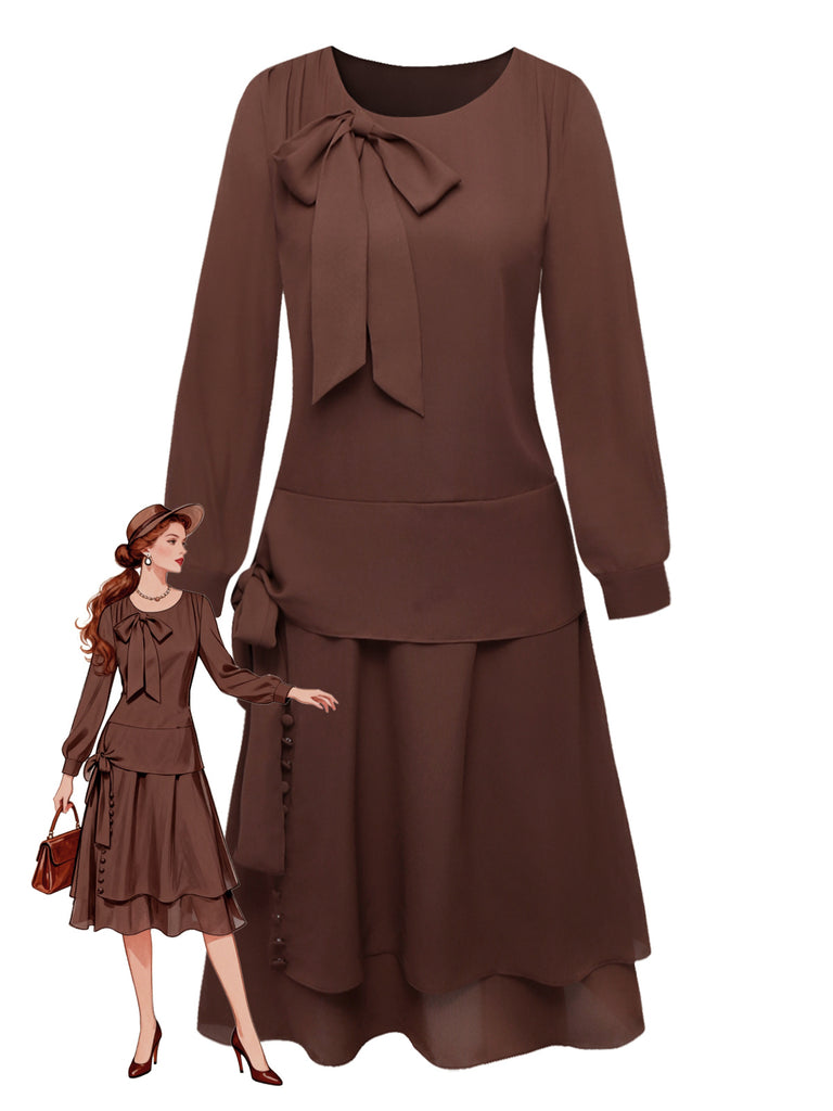 Vintage 1920s Brown Drop-Waist Flapper Dress | Long Sleeve Pussy Bow Neck Tie Modest Dress Vintage 1920s Brown Drop-Waist Flapper Dress | Long Sleeve Pussy Bow Neck Tie Modest Dress
