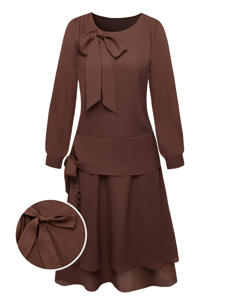 Vintage 1920s Brown Drop-Waist Flapper Dress | Long Sleeve Pussy Bow Neck Tie Modest Dress Vintage 1920s Brown Drop-Waist Flapper Dress | Long Sleeve Pussy Bow Neck Tie Modest Dress