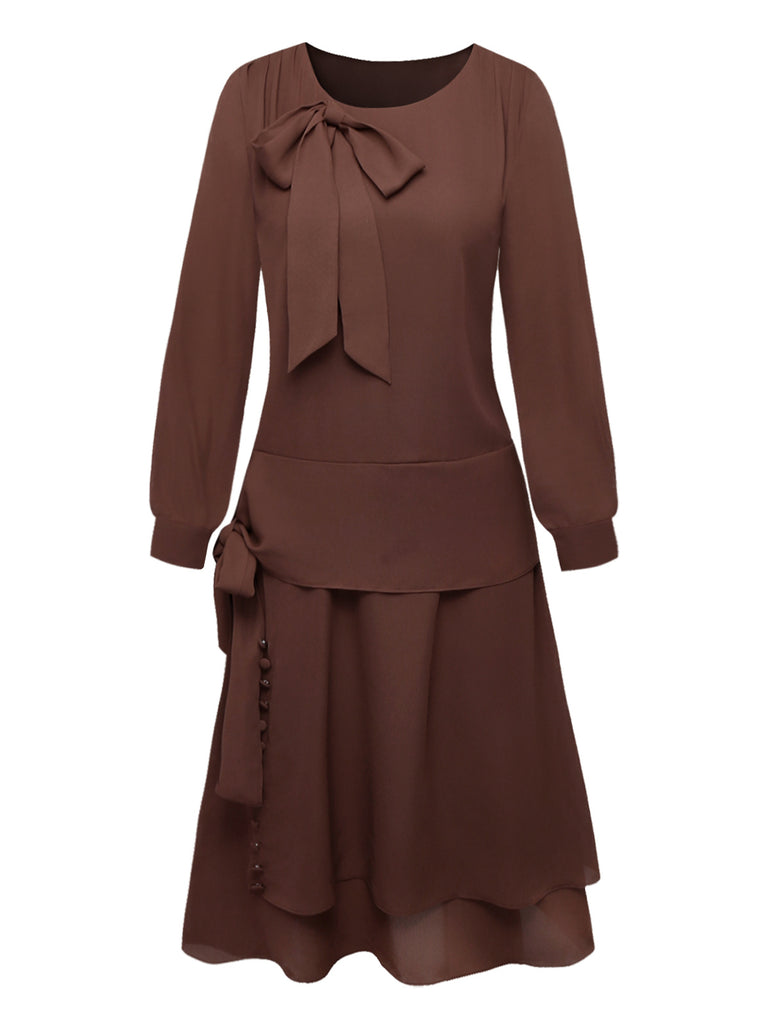 Vintage 1920s Brown Drop-Waist Flapper Dress | Long Sleeve Pussy Bow Neck Tie Modest Dress Vintage 1920s Brown Drop-Waist Flapper Dress | Long Sleeve Pussy Bow Neck Tie Modest Dress